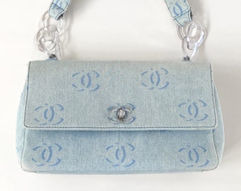 Chanel Vintage Blue Denim Logo Cosmetics Bag