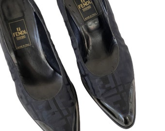 Vintage FENDI ZUCCA FF Monogram Black Fabric / Patent Leather Loafers Heels Pumps  37.5 us 7 - 7.5