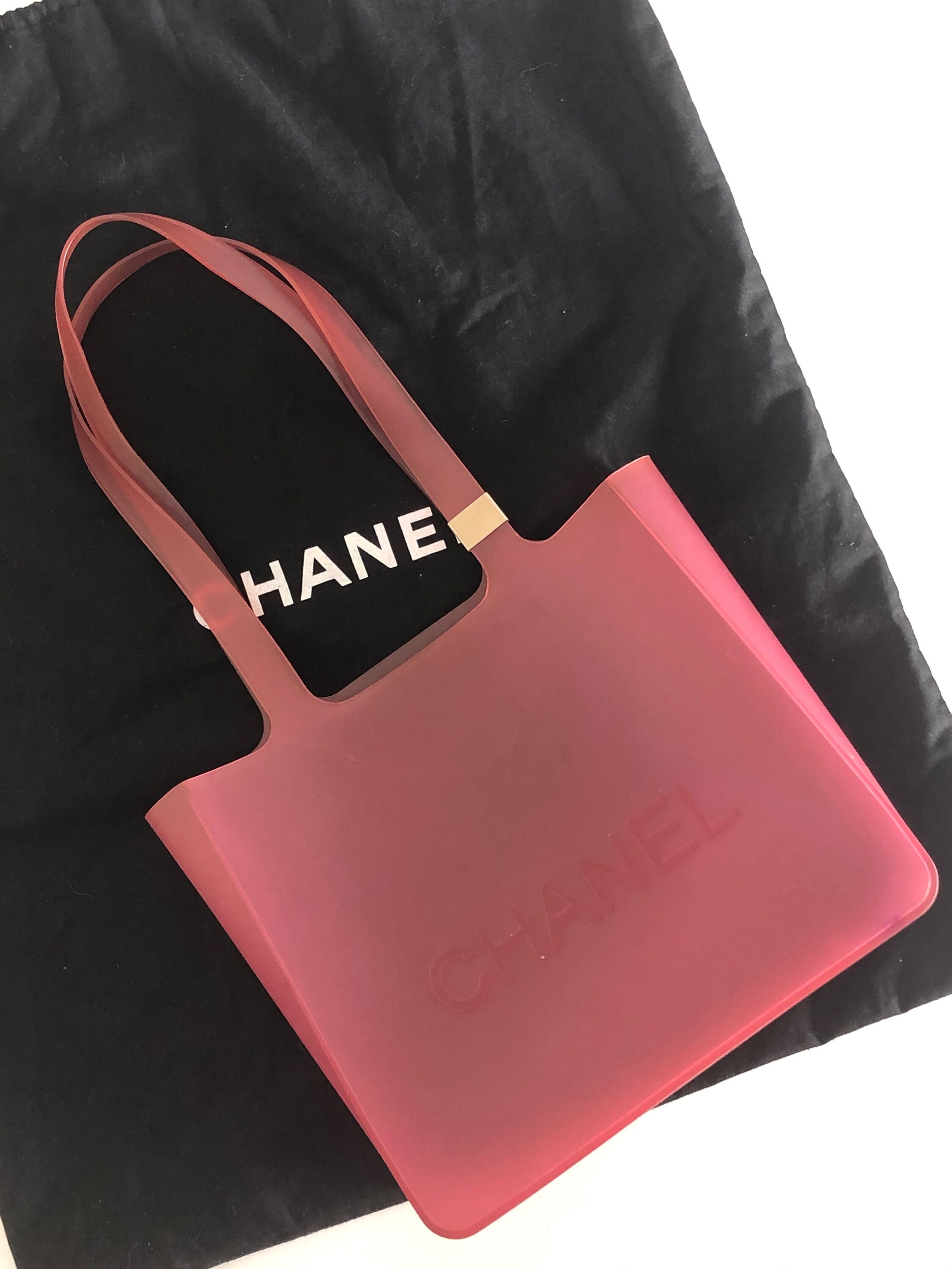 RARE Vintage CHANEL Pink Clear Rubber Jelly Beach Tote Hand 