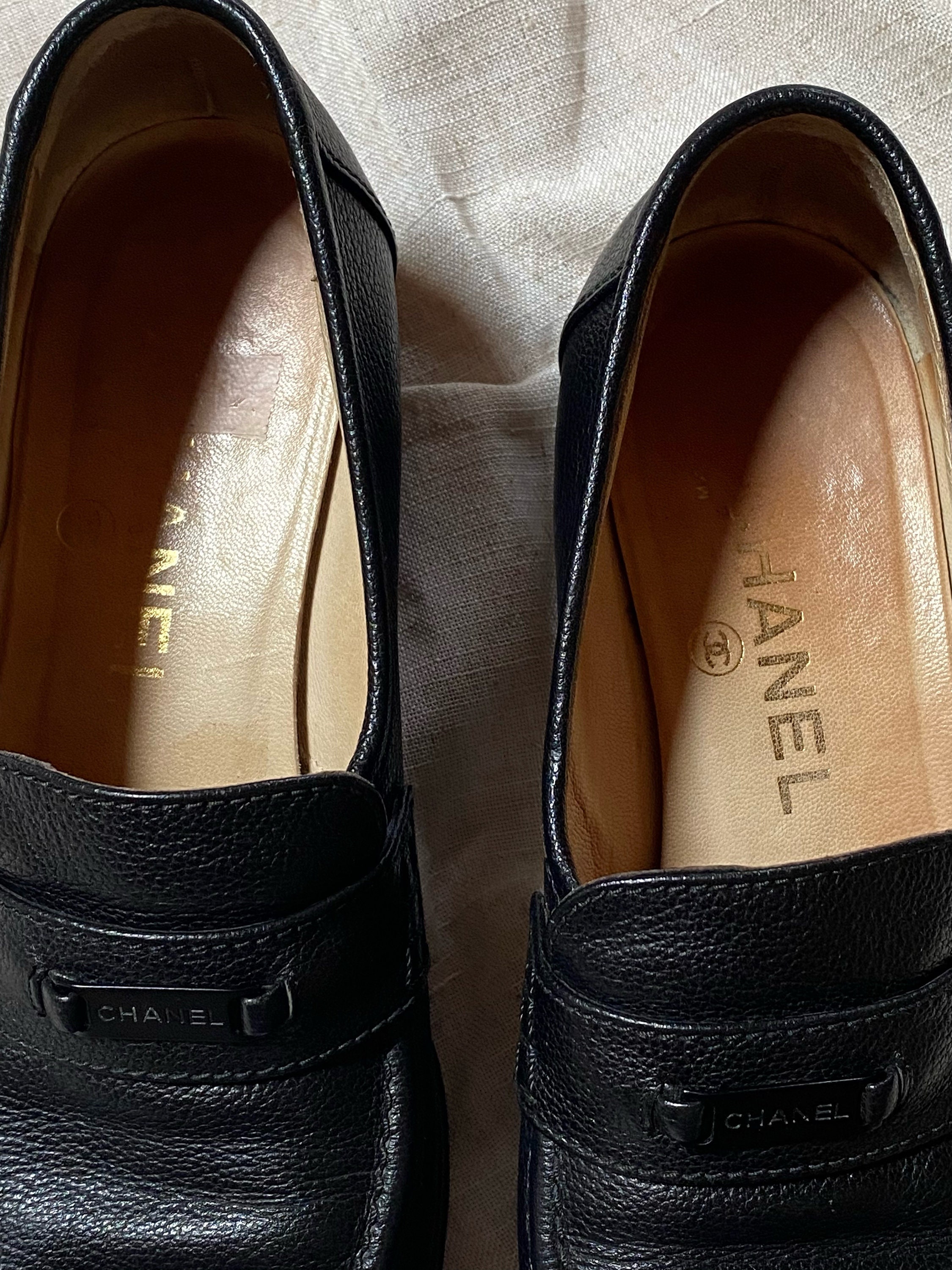 Vintage CHANEL Letter Logo ID Plate Black Leather Loafers Slip