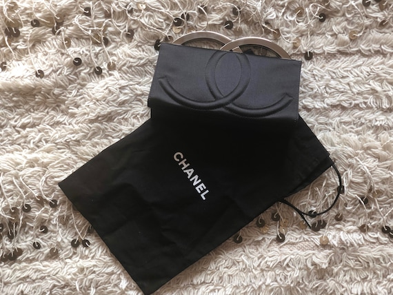 Vintage CHANEL CC Metal Logo Monogram Frame Black Satin Clutch 