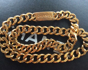 Vintage CHANEL ID Logo Gold Large Thick Chain Necklace Waist Belt Buckle Gold S M L 37.5" Jewelry