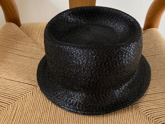 Vintage 99P CHANEL Black Raffia Straw Hat With Box RARE 