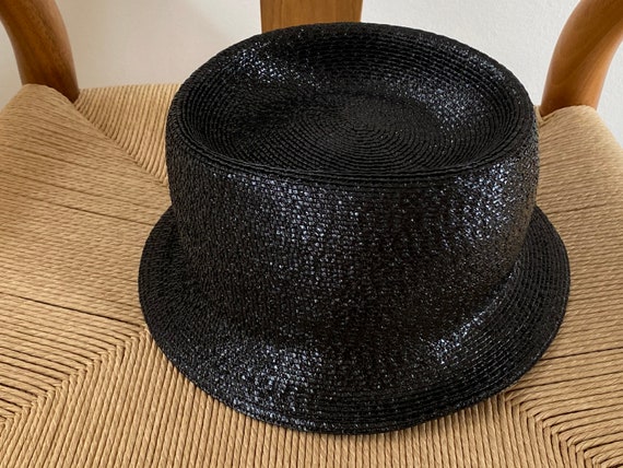 CHANEL Vintage Woven Raffia Fedora Hat Ribbon Hat Black