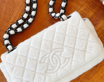 Vintage Chanel CC Quilted Logo White Terry Medium Flap Resin Chain Shoulder Bag - Rare Collectors Piece!