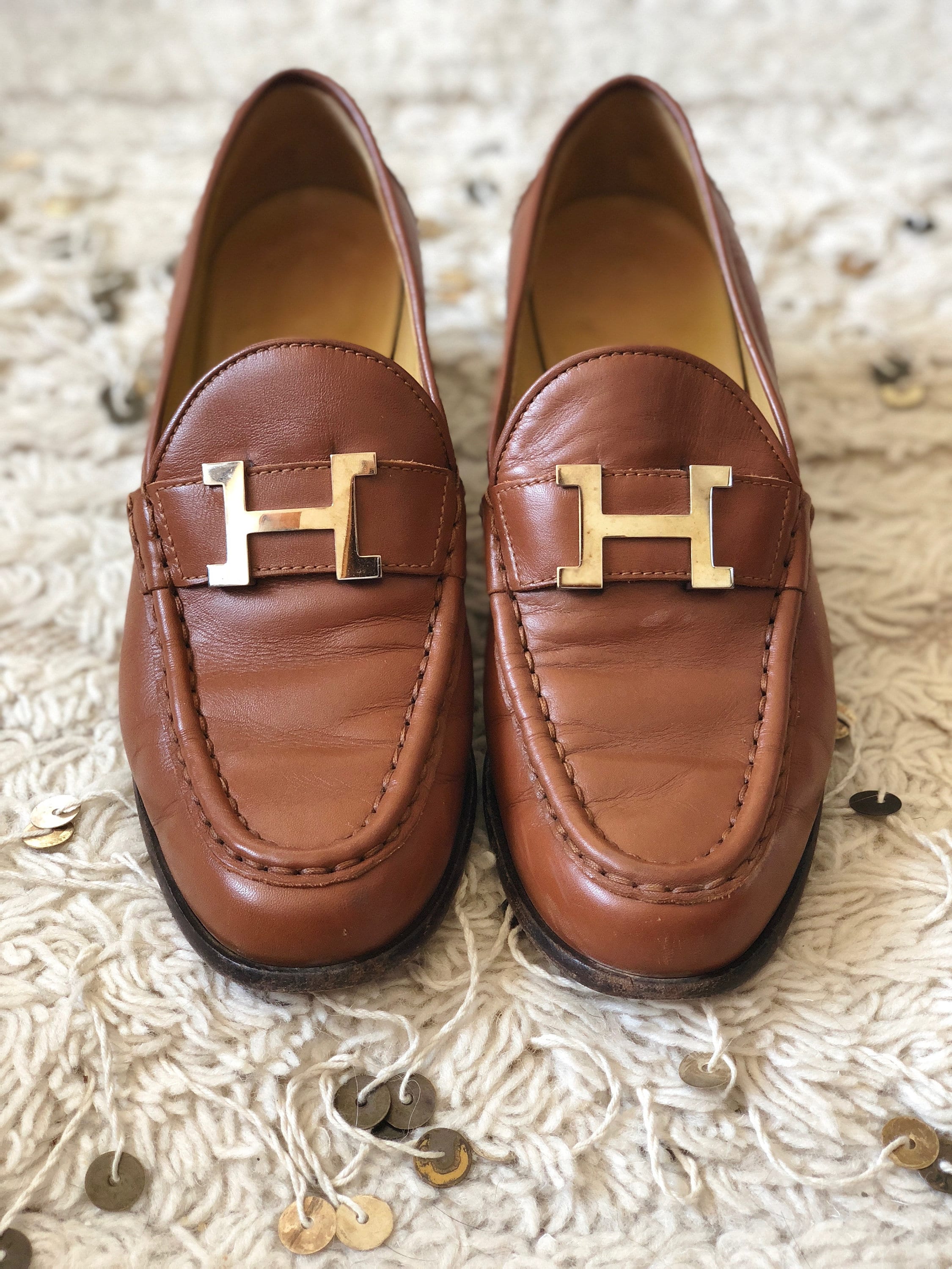 Vintage HERMES H GOLD Logo Brown Cognac Leather Loafers Flats Driving Shoes  Smoking Slippers Ballet Flats eu 36.5 us 6 - 6.5