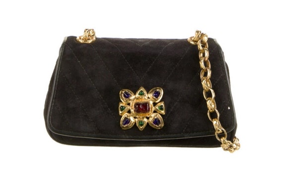 CHANEL VINTAGE GRIPOIX STONE BLACK SUEDE MINI FLAP SHOULDER BAG