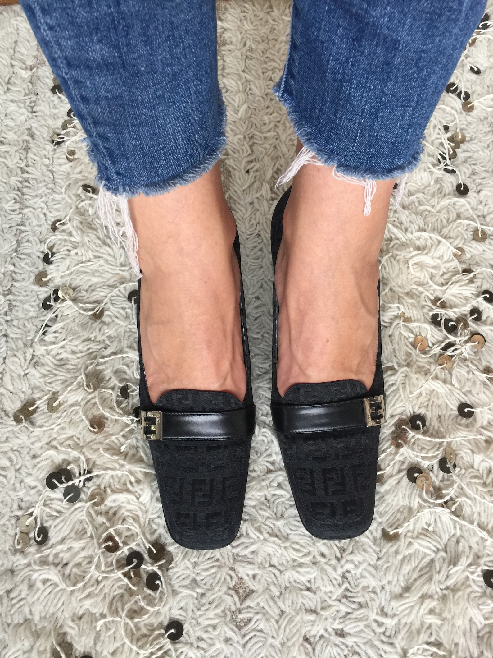 vintage fendi zucca ff monogram black loafers heels driving shoes smoking slippers ballet flats 37 us 6.5 - 7