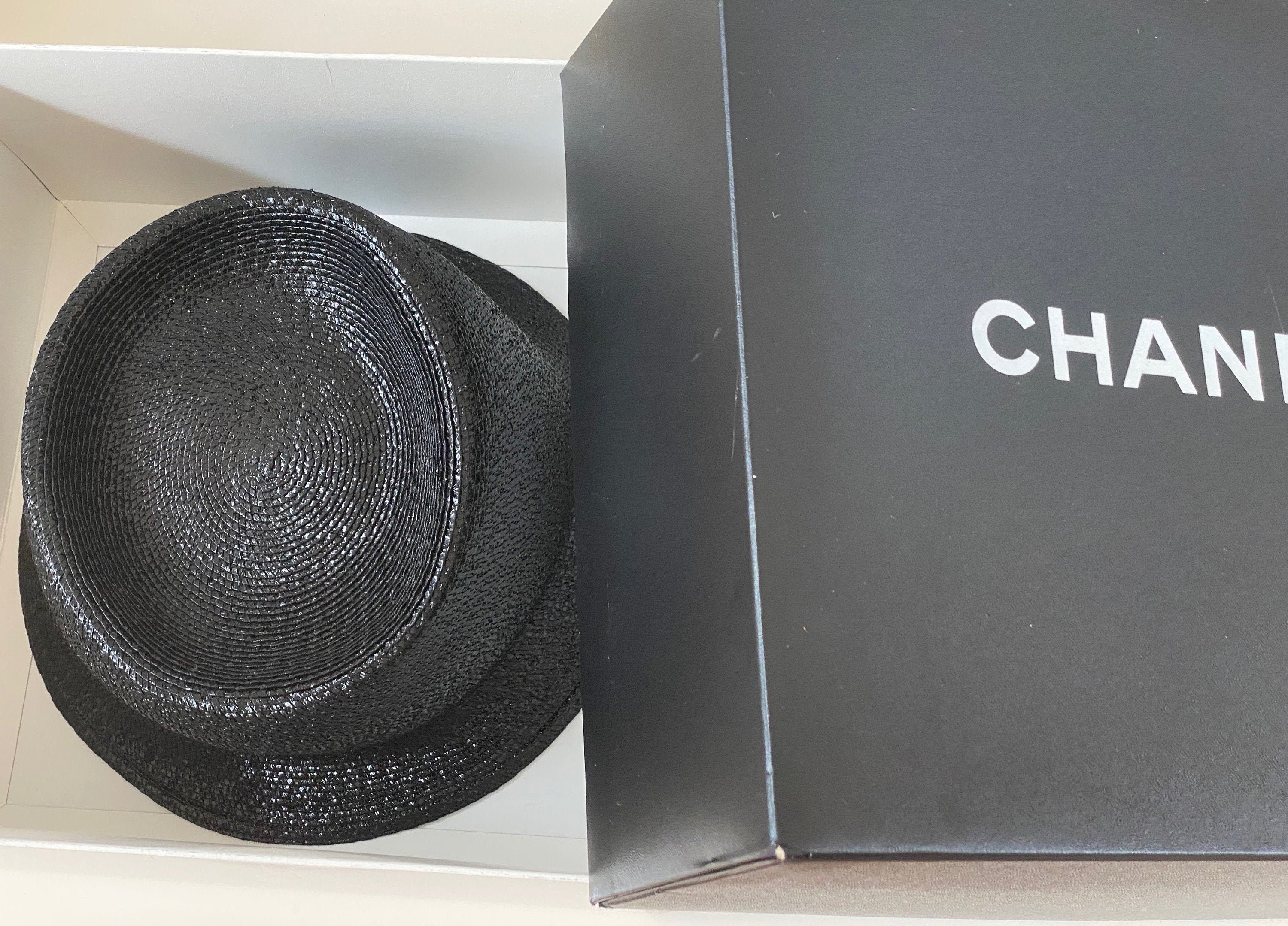 Vintage 99P CHANEL Black Raffia Straw Hat With Box RARE 