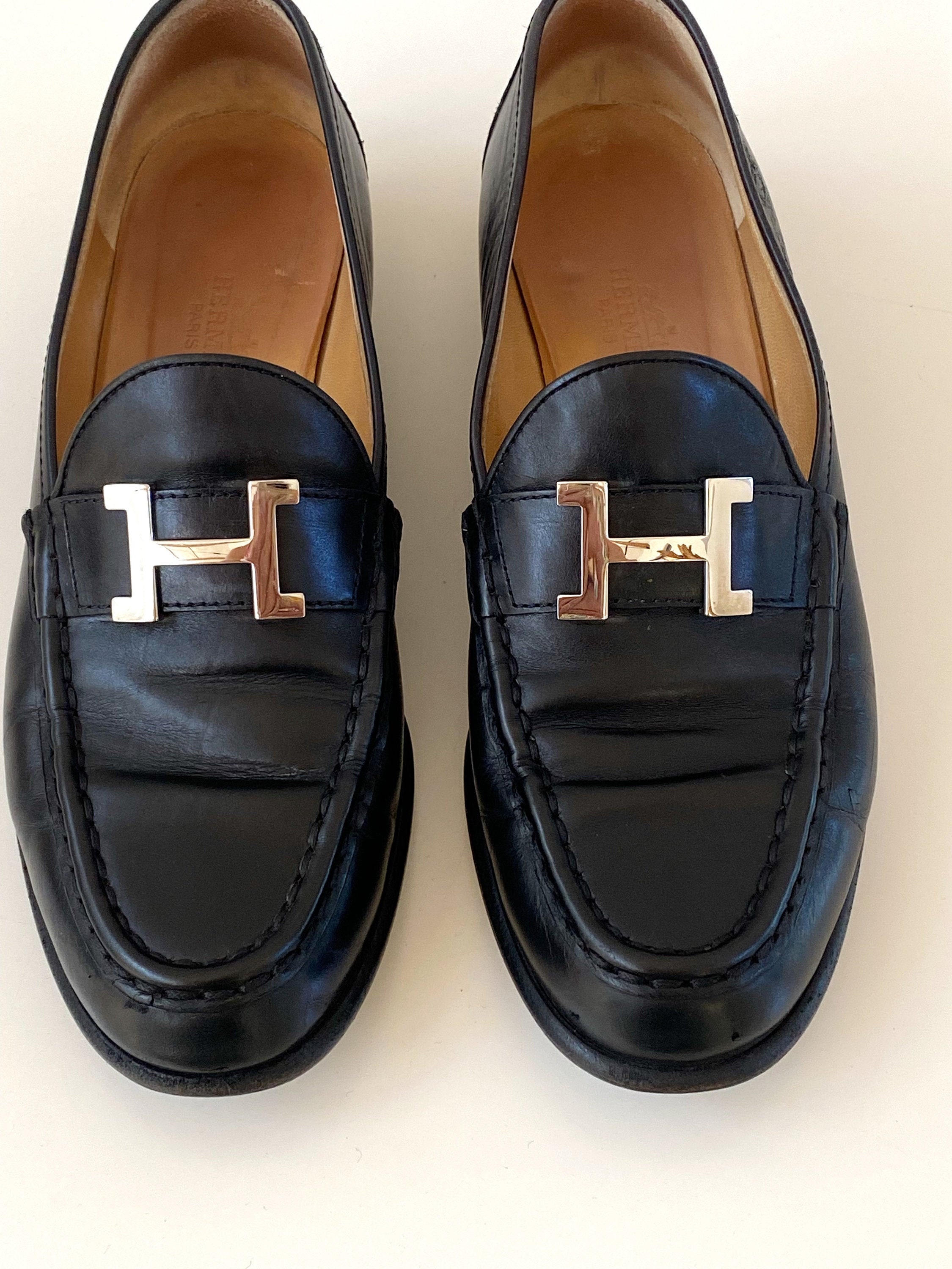 Vintage HERMES H Logo Silver / BLACK Leather Loafers Driving | Etsy