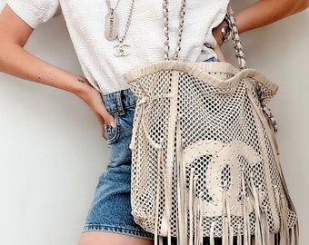 Vintage CHANEL CC Logo FRINGE Beige Cream Leather Crochet