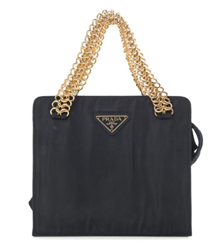 Prada Black Tessuto Nylon Gold Chain Quilted Convertible Tote Bag