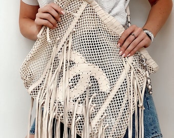 Vintage CHANEL CC Logo FRINGE Beige Cream Leather Crochet Woven Leather Shoulder Tote Handbag Purse Bag