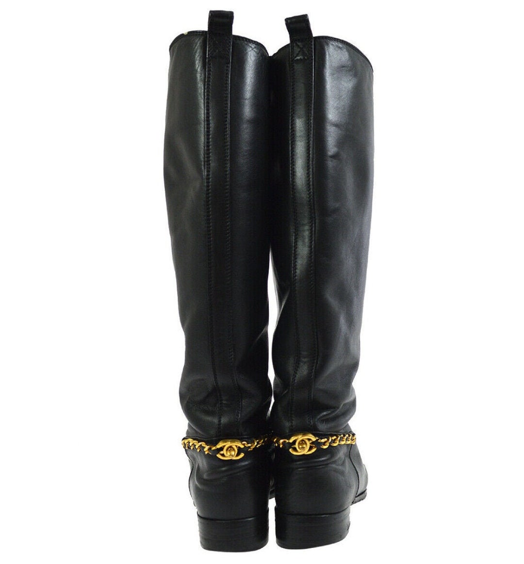 Chanel CC Logo Gold Chain Black Leather knee high Wedge boots 35 5