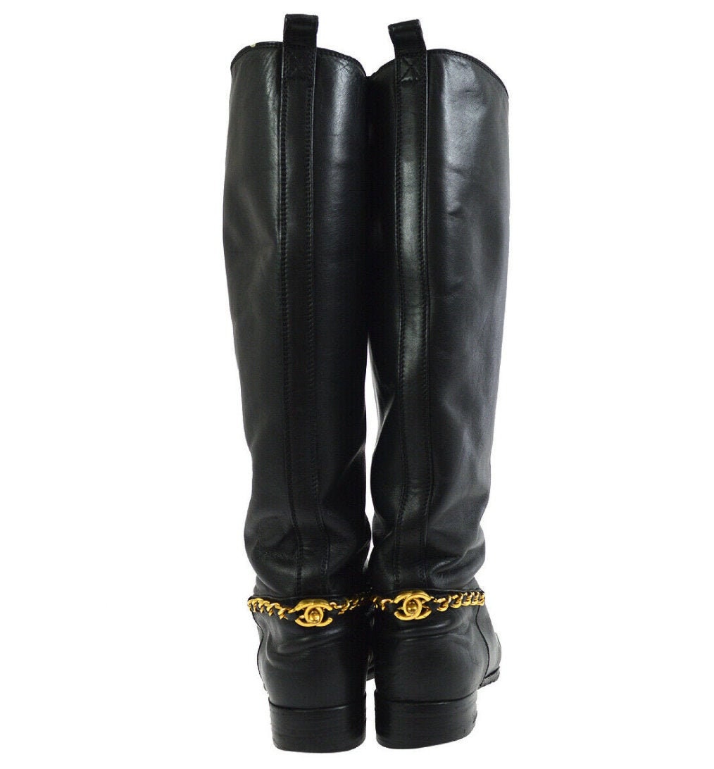 Vintage 90 s CHANEL CC Gold Turnlock OTK Black Leather Riding Knee High Boots Heels Eu 37 Us 6.5 7 Etsy Ireland