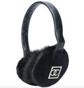 Vintage CHANEL CC Monogram Logo Black FUR & Leather Earmuffs Ear Warmers