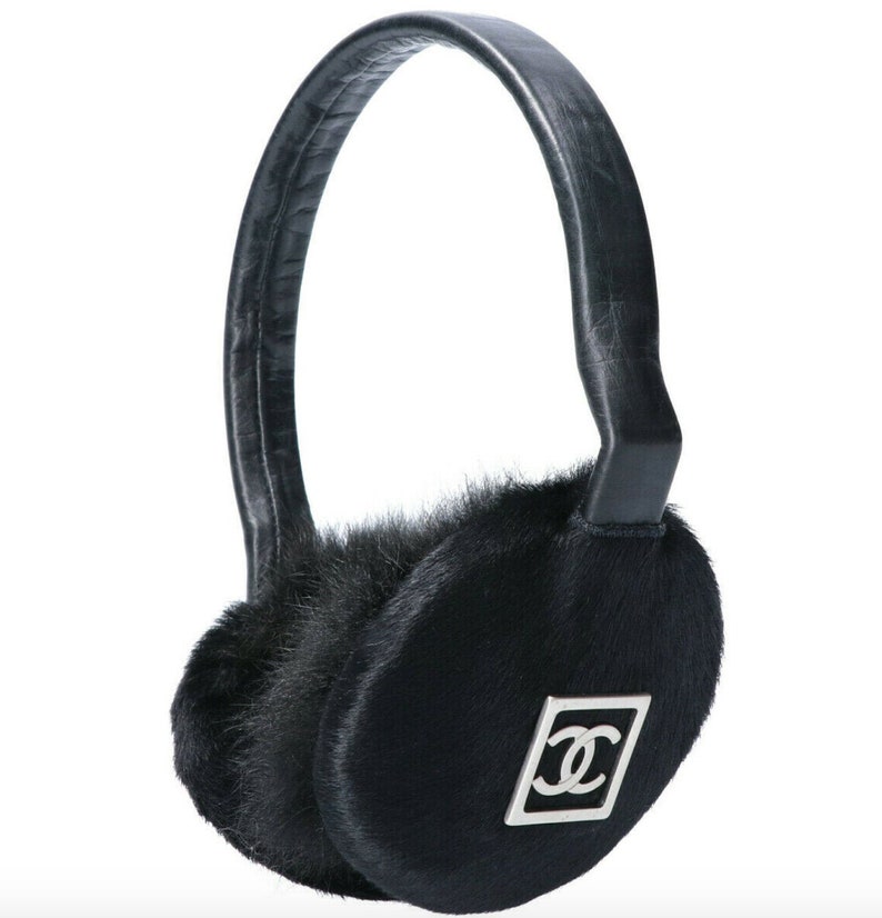Vintage CHANEL CC Monogram Logo Black FUR & Leather Earmuffs Etsy