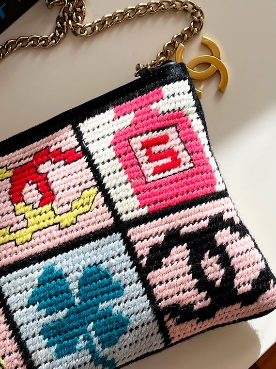 VINTAGE CHANEL NEEDLEPOINT LUCKY CHARMS PATCHWORK SHOULDER BAG