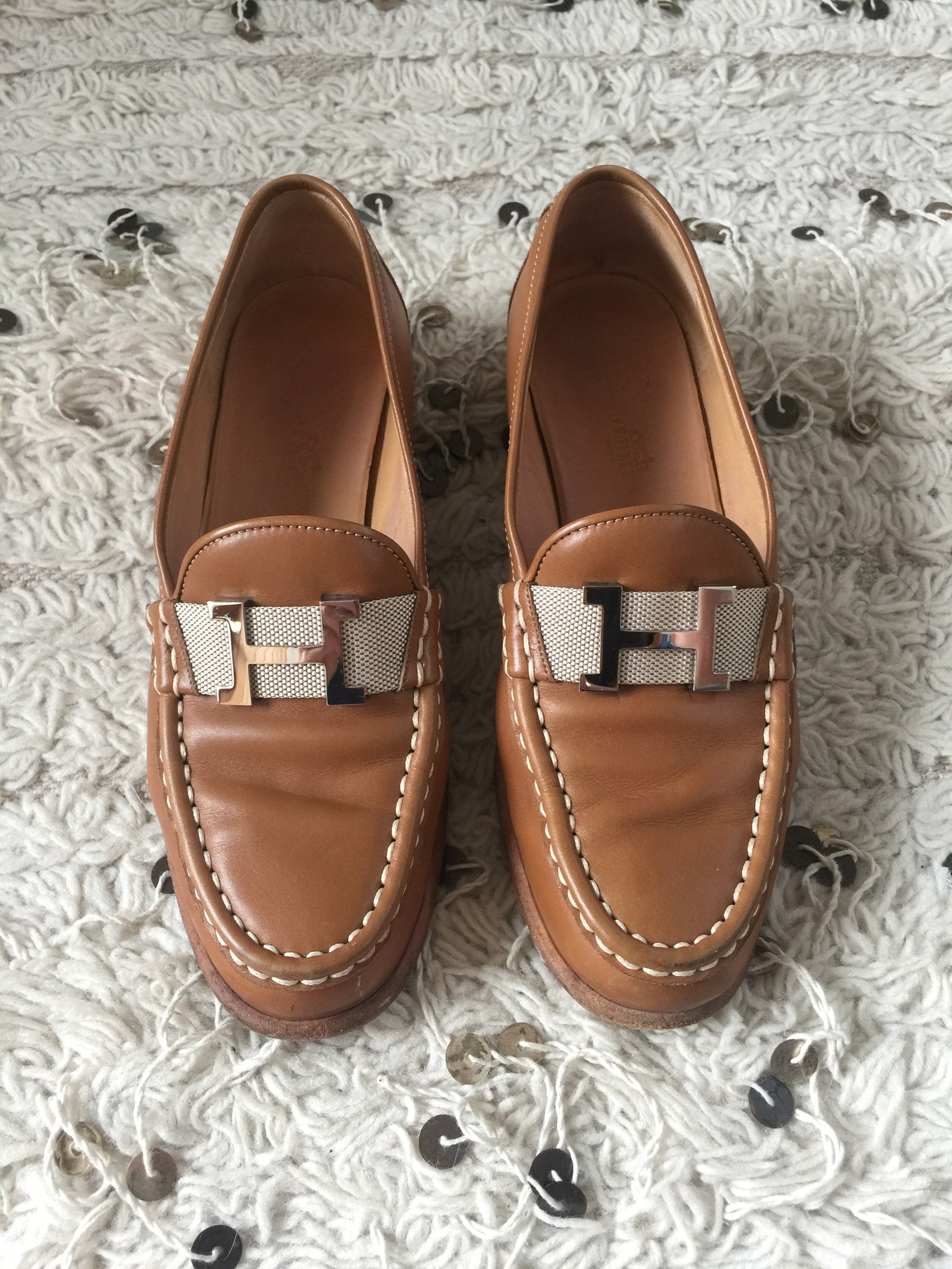 vintage hermes h logo brown leather webbing loafers flats driving shoes smoking slippers ballet flats eu 37 us 6.5 - 7