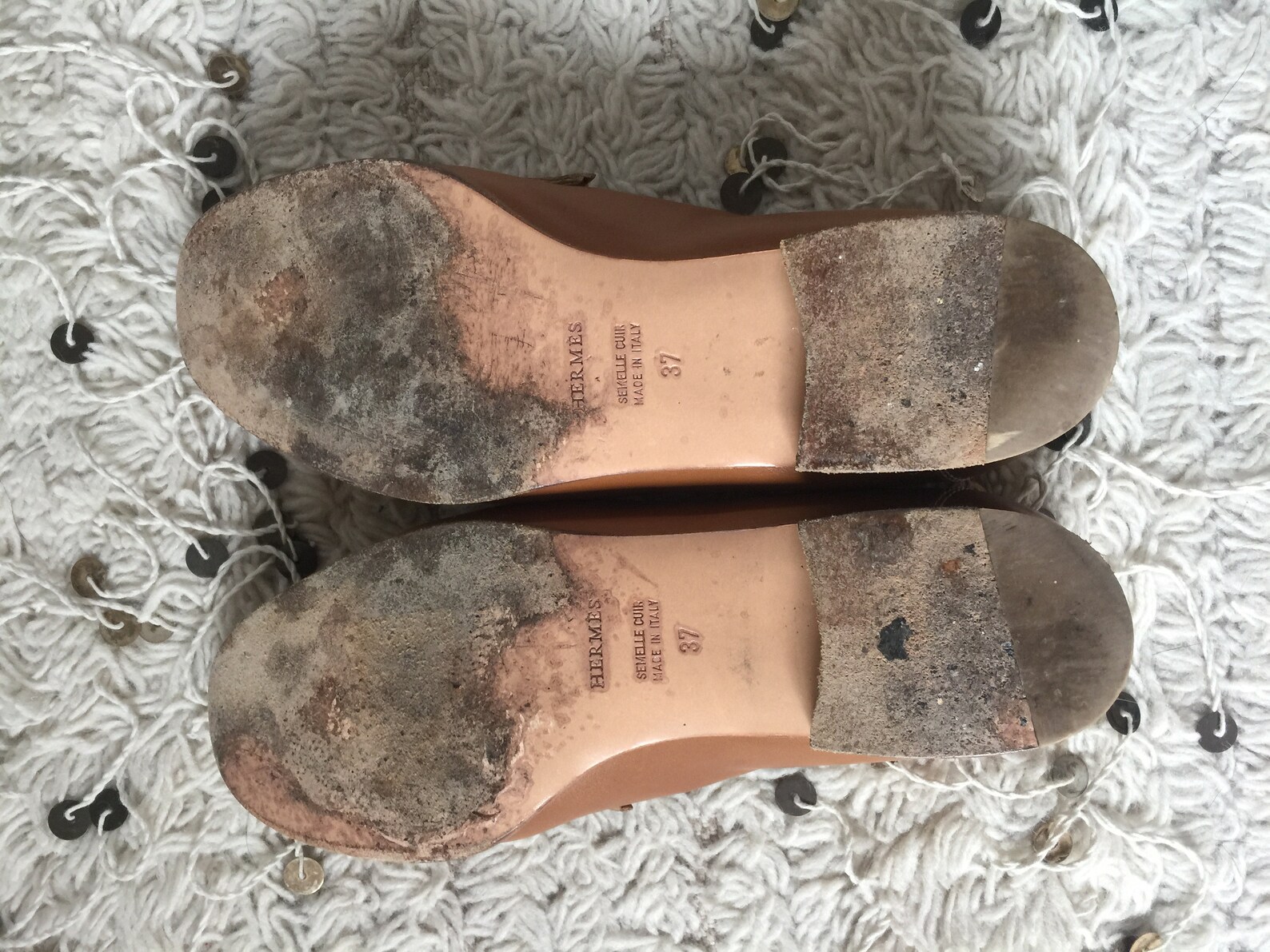 vintage hermes h logo brown leather webbing loafers flats driving shoes smoking slippers ballet flats eu 37 us 6.5 - 7