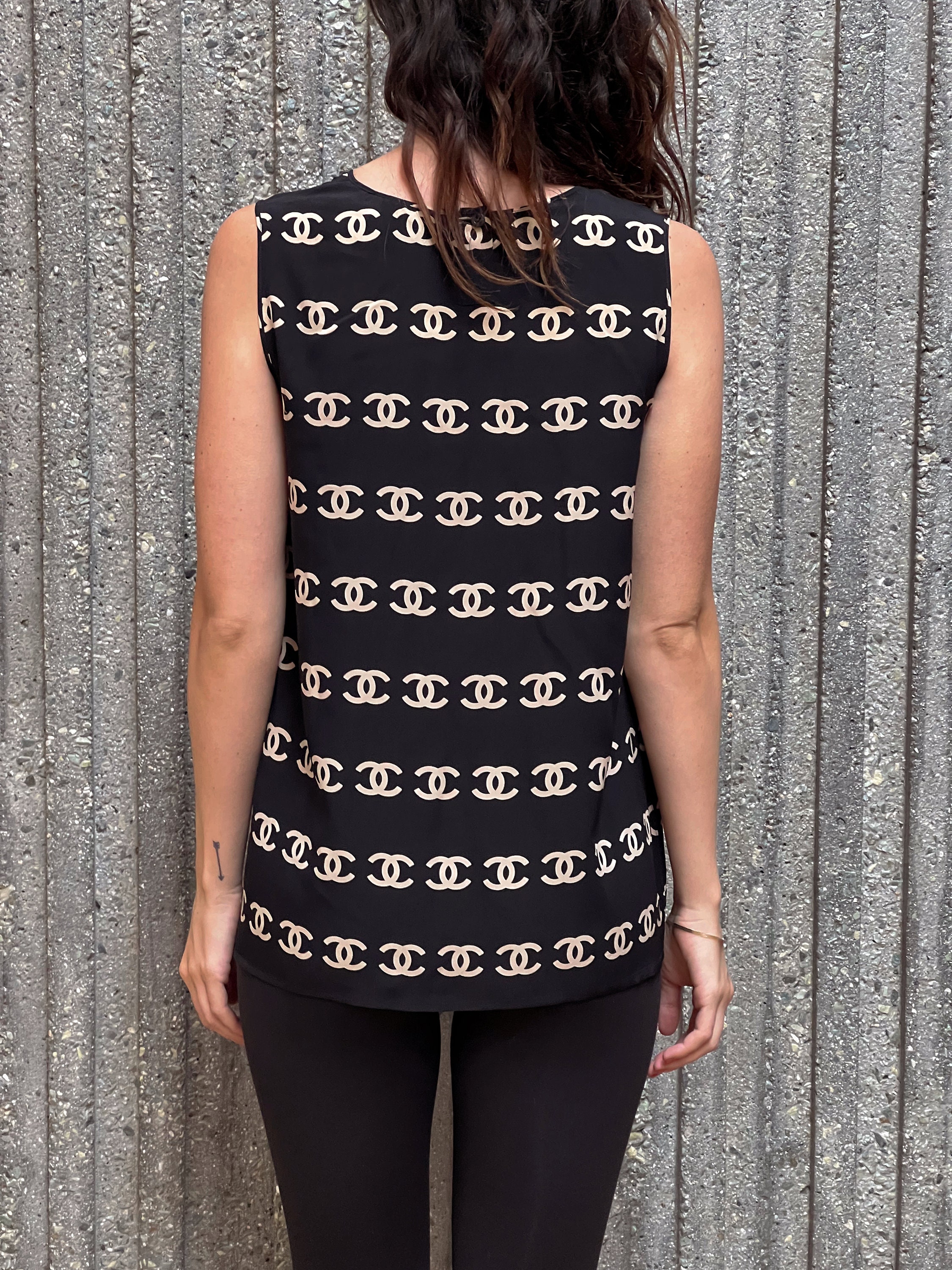 Vintage 90s CHANEL Monogram CC Logo Print SILK Black Beige Tank