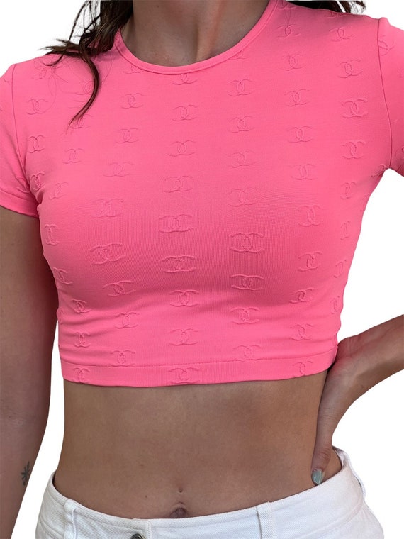 Vintage CHANEL CC Monogram Logo Pink CROP Top Shi… - image 2