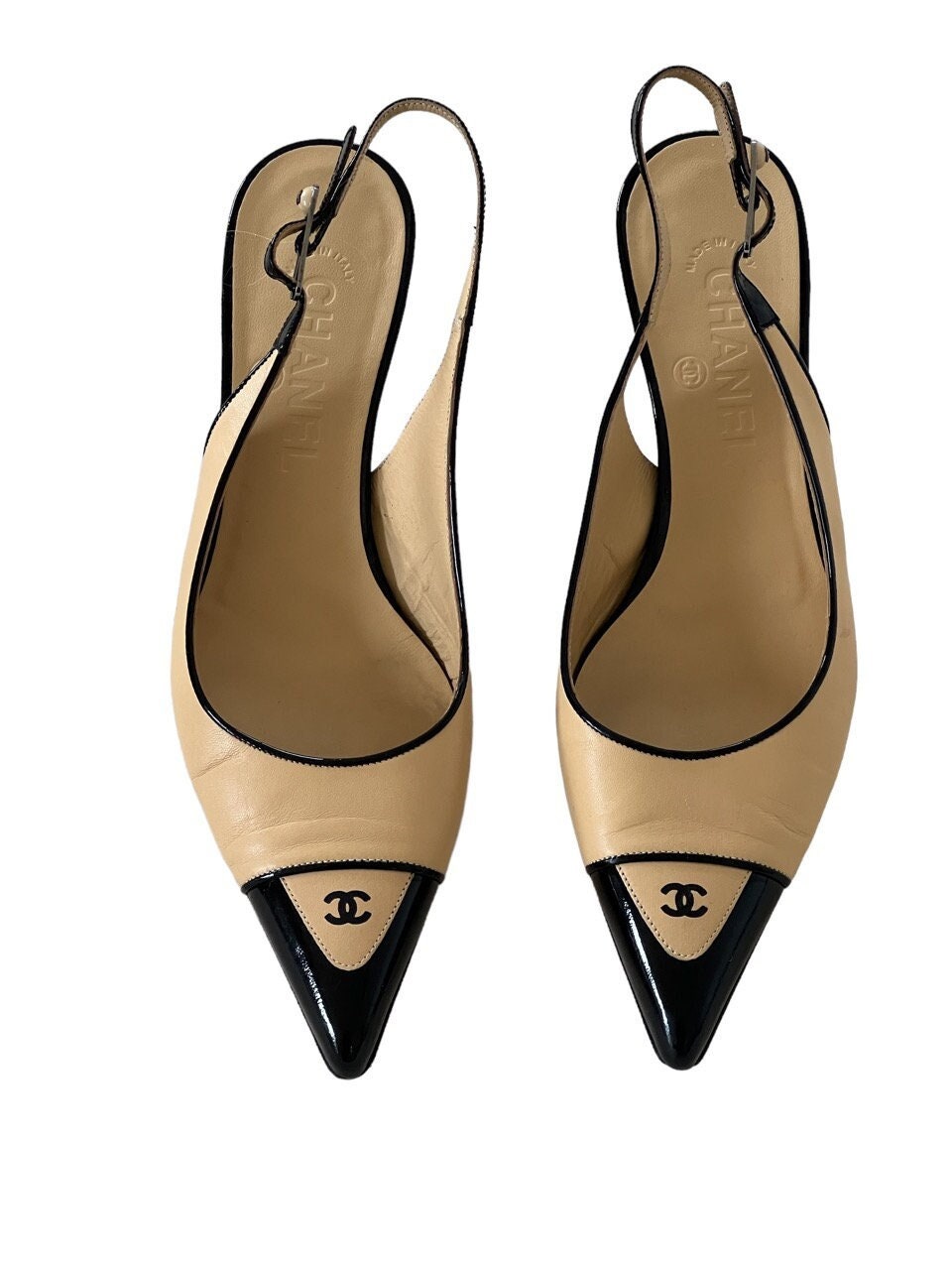 Vintage CHANEL CC Logo Beige Black Pointed Toes Slingback 