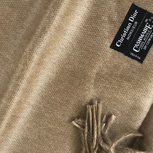 Vintage CHRISTIAN DIOR Monsieur Logo Fringe Scarf Wrap New In Box Cashmaire Acrylic - Tan Brown Beige