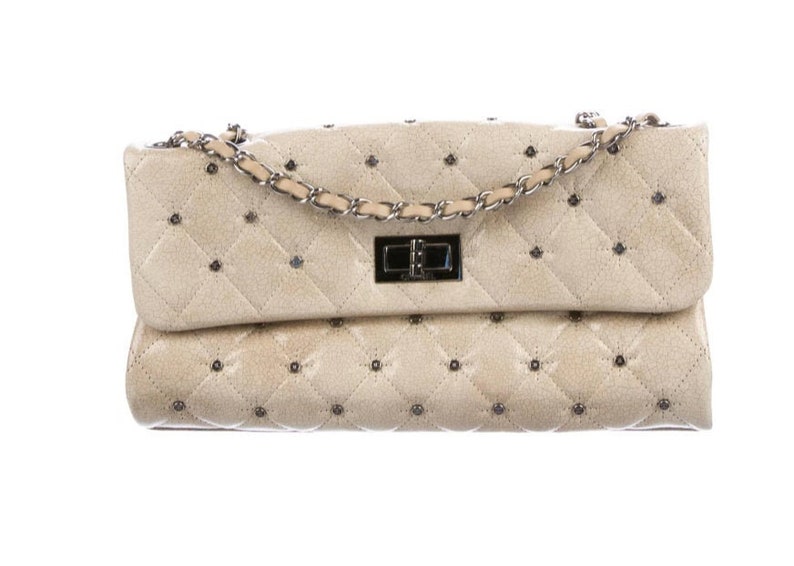 Vintage CHANEL CC STUDS Logo Reissue Beige Quilted Patent Leather Silver Chain Classic Flap Shoulder Clutch Purse Evening Bag Handbag image 3