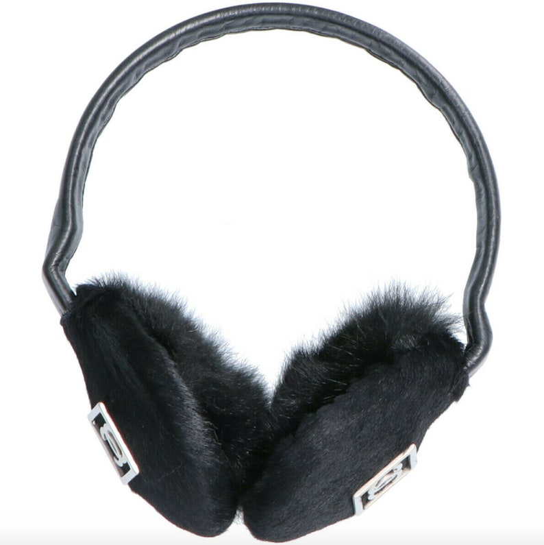 Vintage CHANEL CC Monogram Logo Black FUR & Leather Earmuffs Etsy