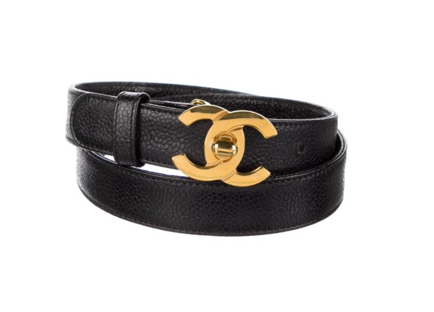 Vintage 90's CHANEL CC TURNLOCK Black Leather Waist Belt Buckle S / M