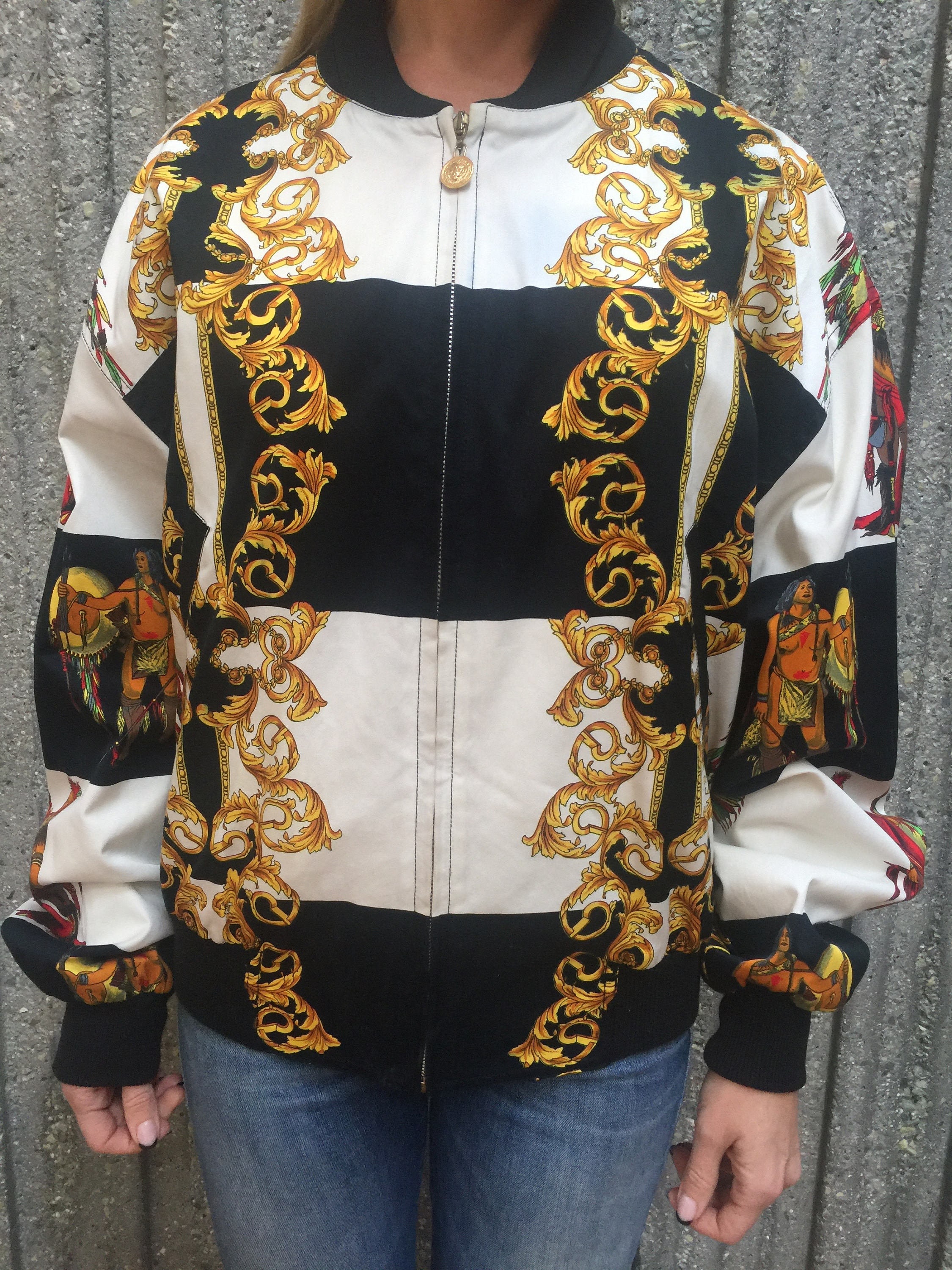 Vintage GIANNI VERSACE Baroque Indian Tribal Print Bomber Jacket Dress Top S M Super RARE Etsy