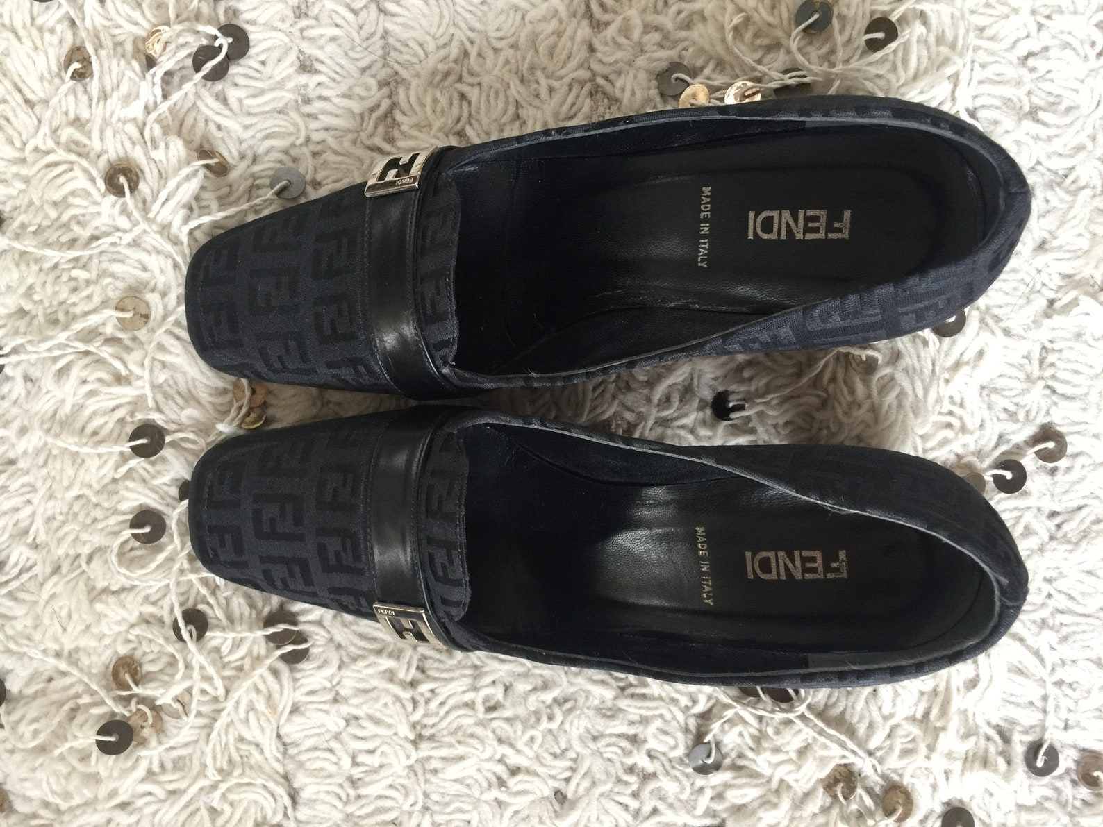 vintage fendi zucca ff monogram black loafers heels driving shoes smoking slippers ballet flats 37 us 6.5 - 7