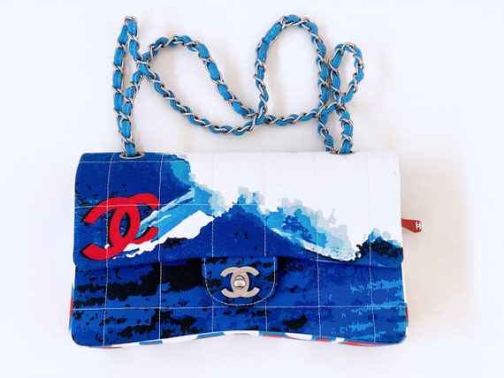 A very rare canvas flap bag with Chanel quilted surf logo print