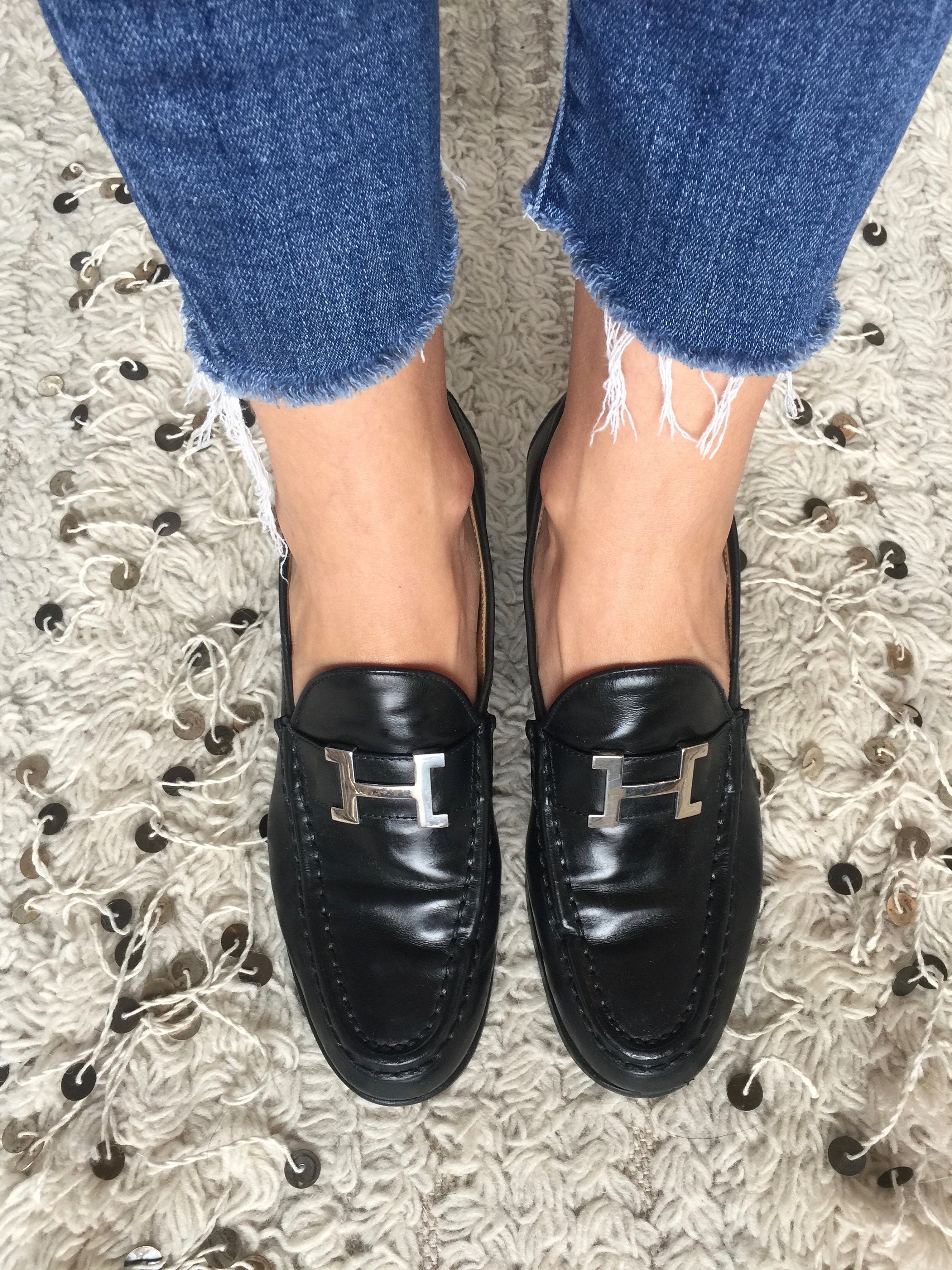 Vintage HERMES H Logo Black Leather Loafers Heels Driving | Etsy