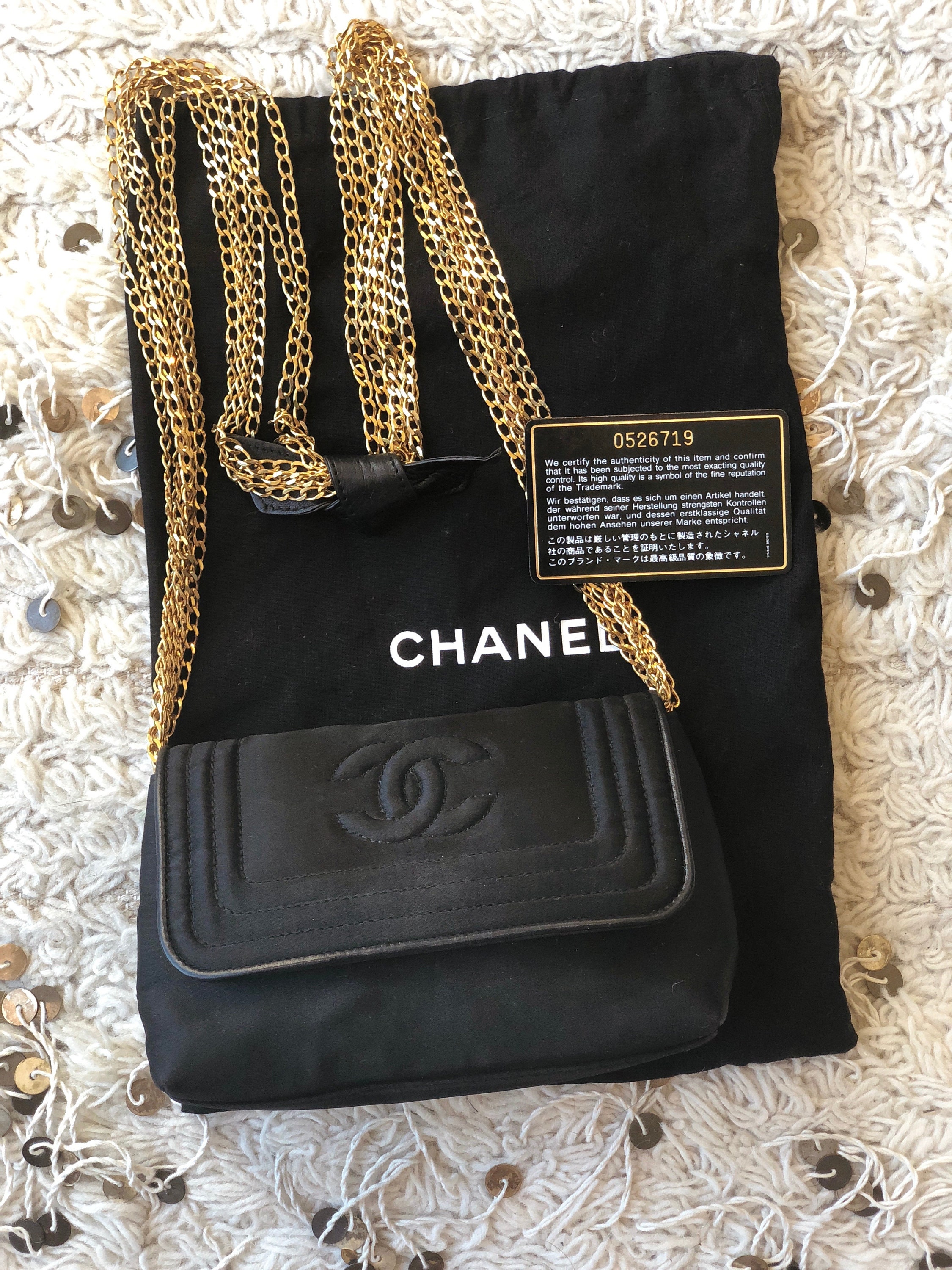 Vintage 90s CHANEL CC Black Satin Quilted W Gold Chains Vintage 90s CHANEL CC Black Satin Quilted W Gold Chains
