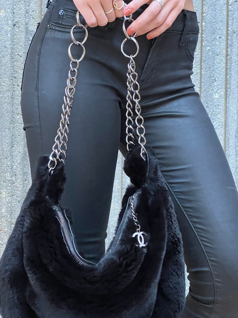 Vintage CHANEL Large CC Charm Black LAPIN Fur Chain Shoulder Bag Purse Rare image 9