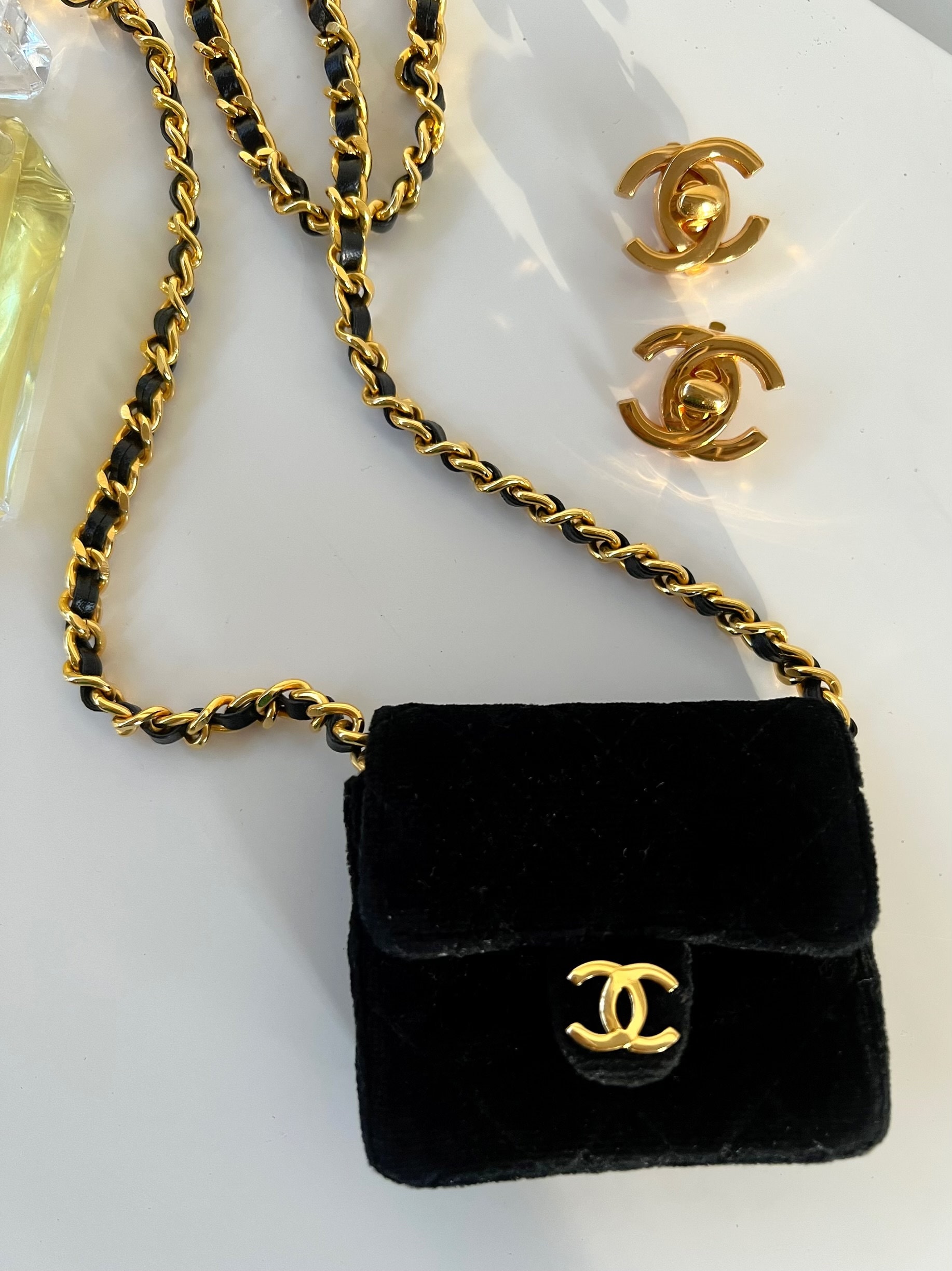 CHANEL CC Logo Bicolor Cosmetic Mini Pouch Leather Black Gold