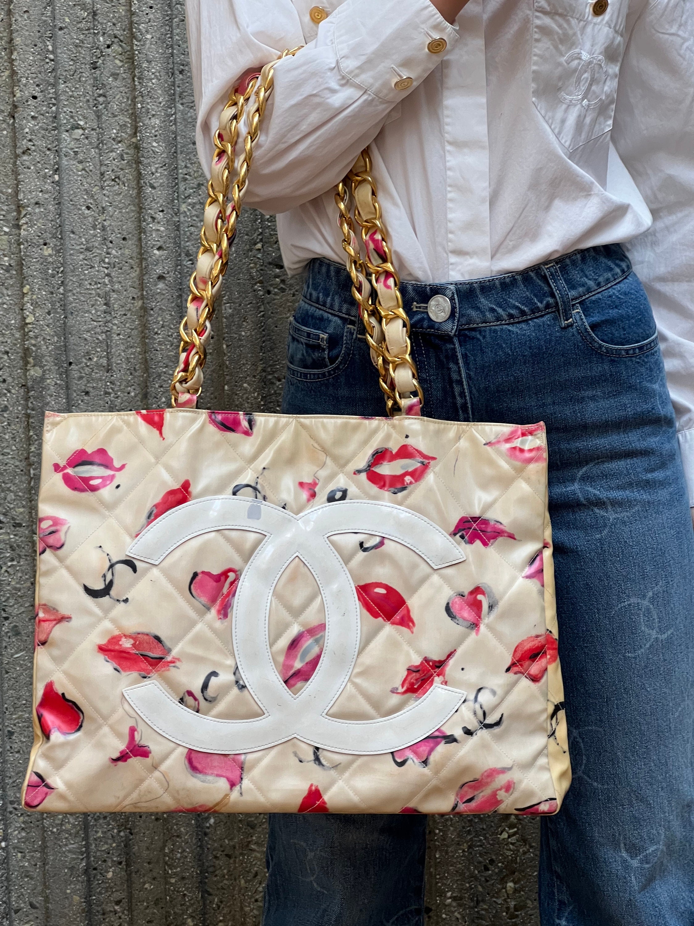 CHANEL, Bags, Sold Chanel Vintage Chain Canvas Cc Red And White Tote Bag