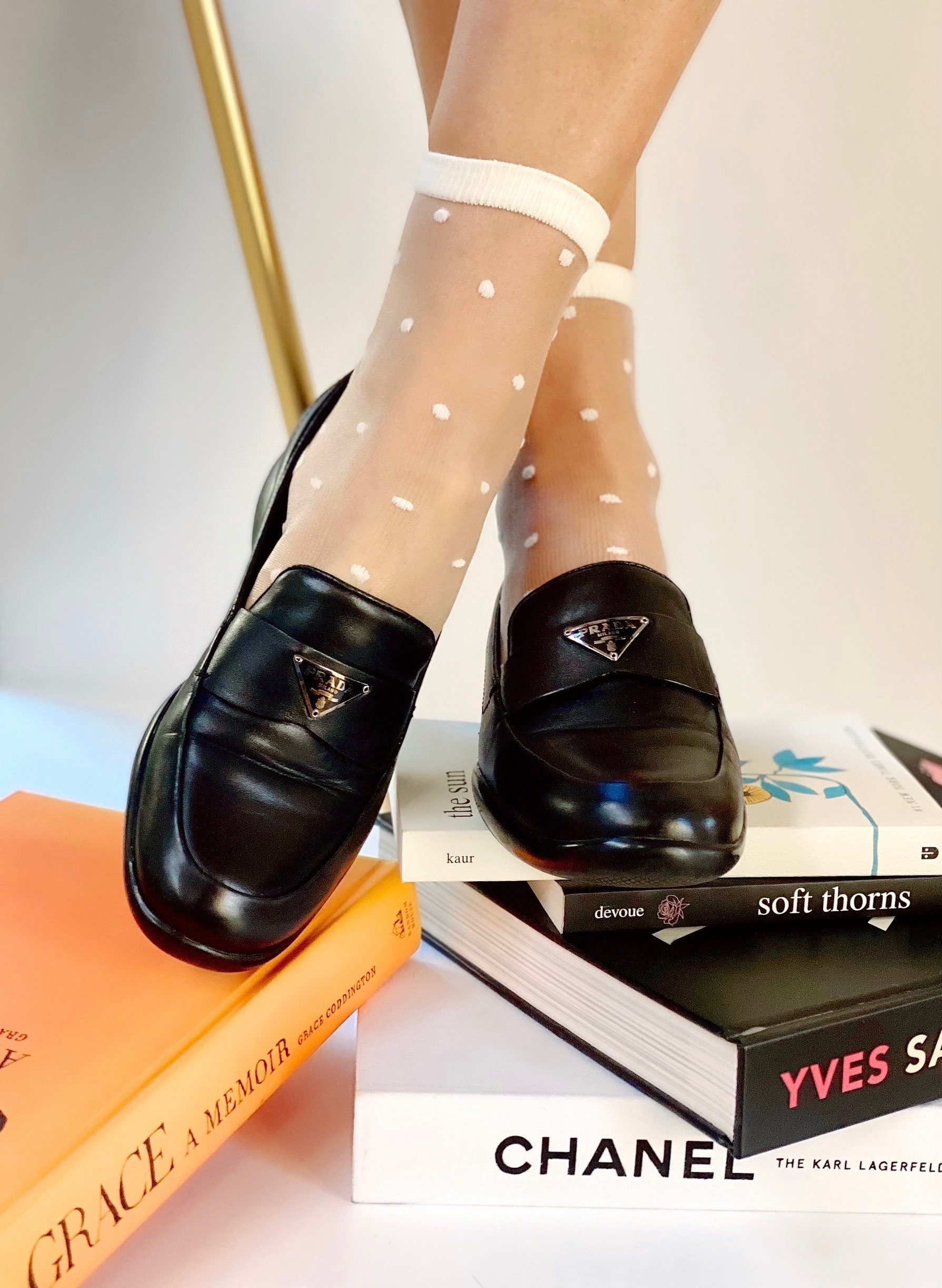 Vintage 90 s PRADA Monogram Black Leather Loafers Slip On Shoes eu 37.5 7 7.5