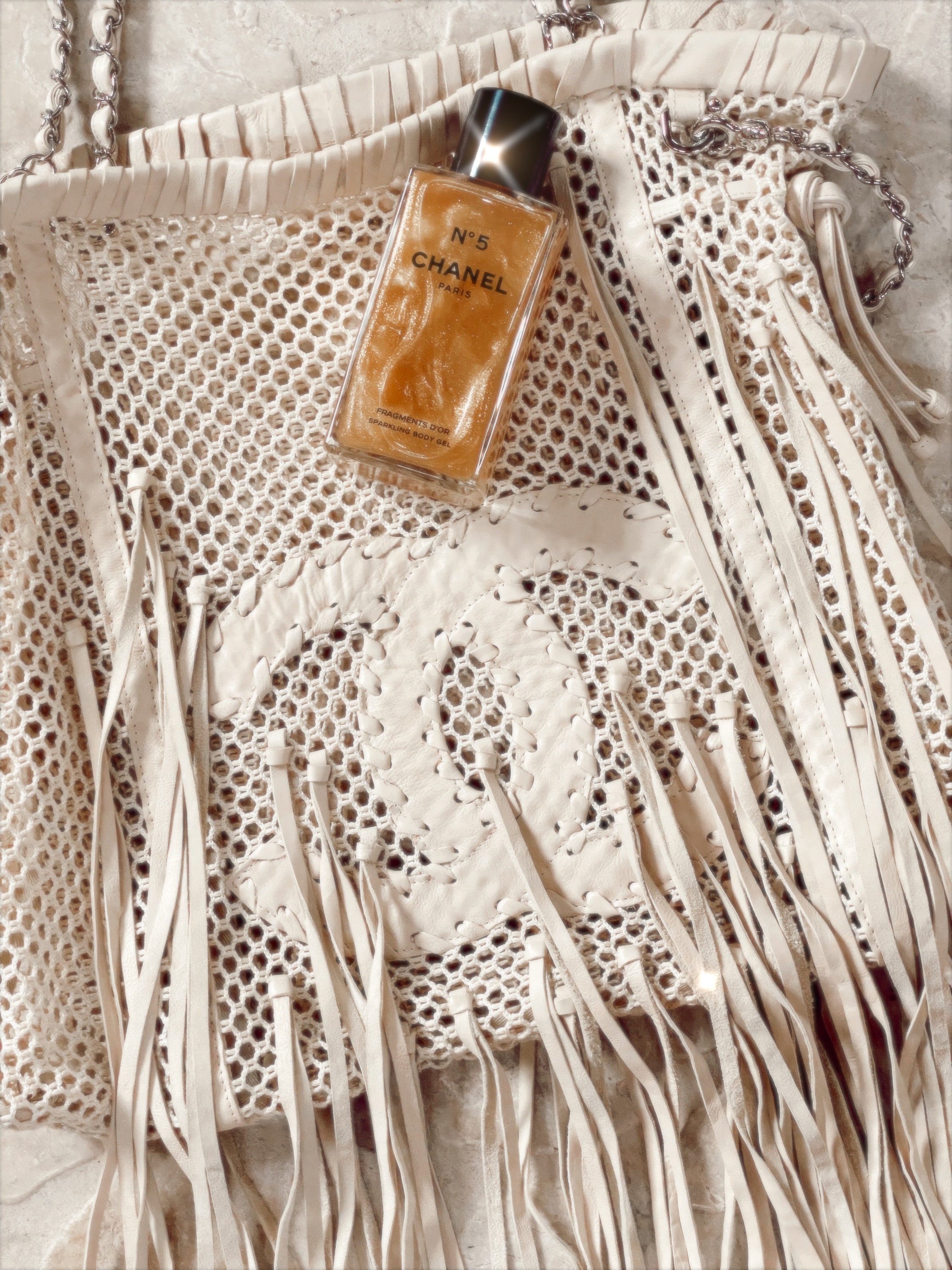 Vintage CHANEL CC Logo FRINGE Beige Cream Leather Crochet 