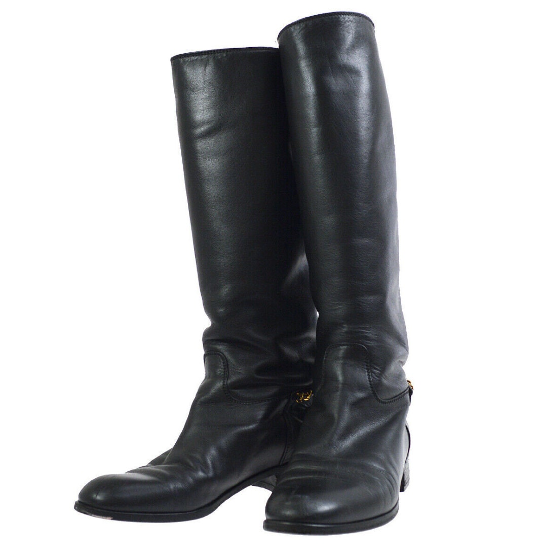 Chanel Black Leather CC Over The Knee Wedge Boots For Sale at 1stDibs