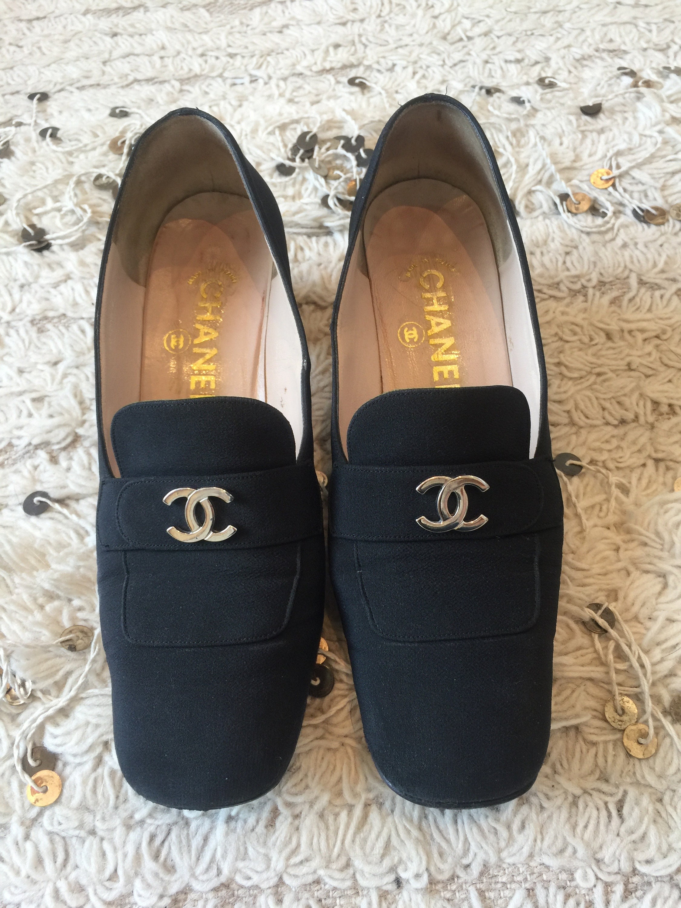 Vintage CHANEL CC metaal Logo zwart instappers hakken rijden | Etsy België