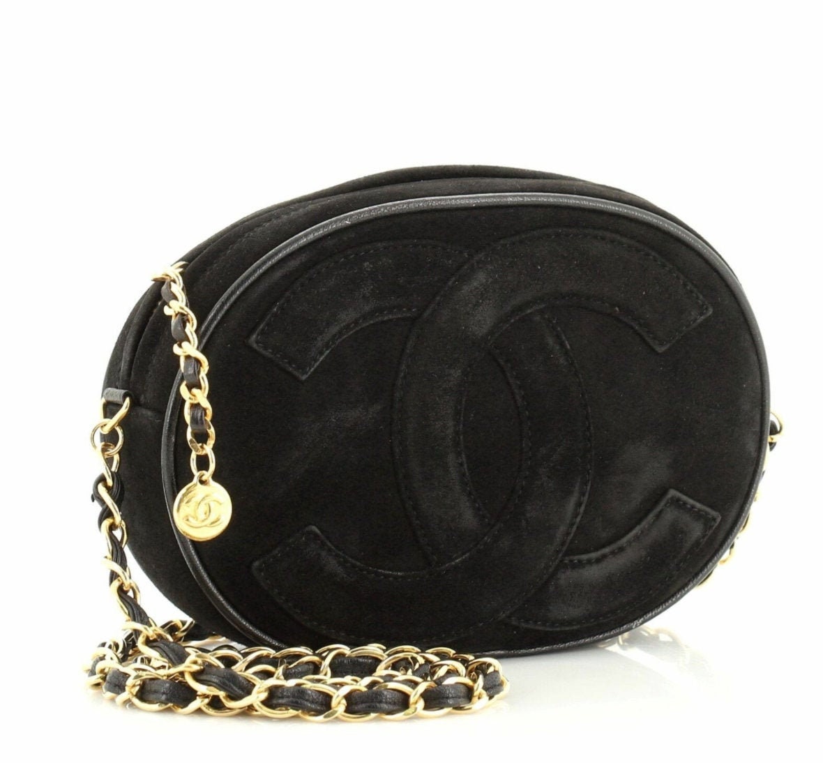 Vintage CHANEL Huge CC w Tassel Oval Black Suede Leather CROSSBODY Camera  Bag Clutch Purse Bag