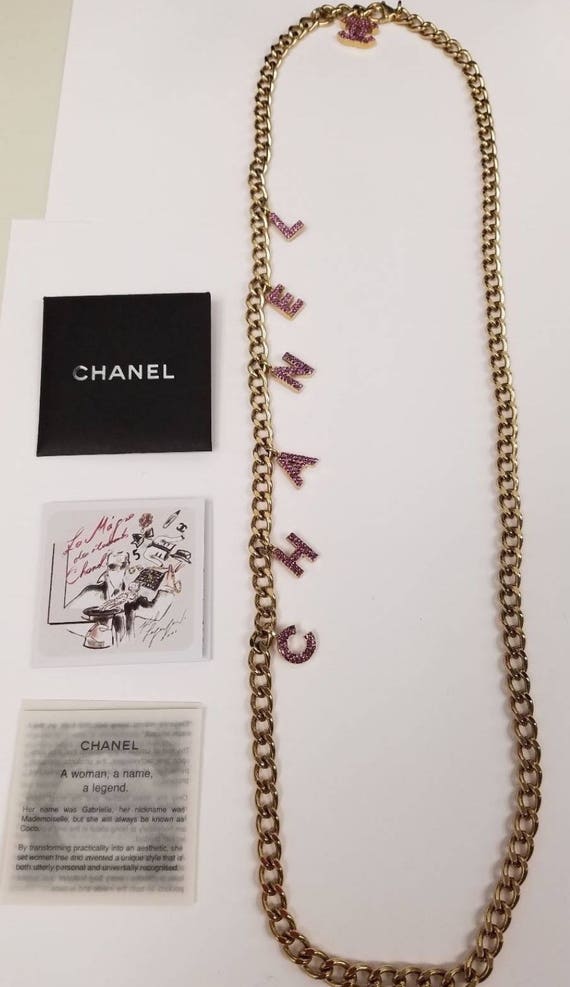 Vintage 90's CHANEL CC Logo Pink Crystal LETTERS Gold Charm Pendant Long Necklace  Jewelry Belt