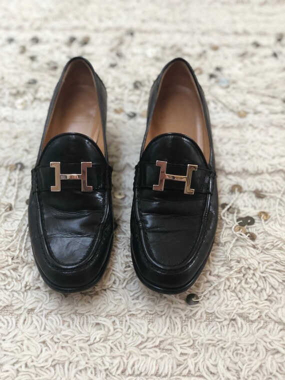 Black Leather Loafers Heels Driving 