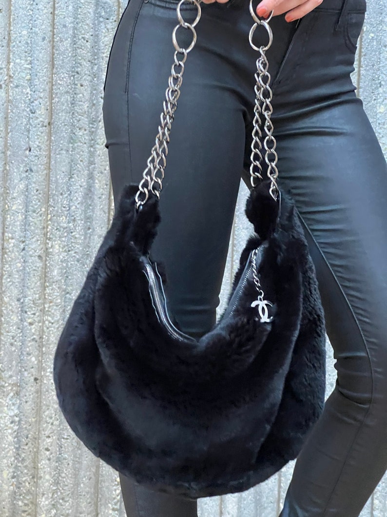 Vintage CHANEL Large CC Charm Black LAPIN Fur Chain Shoulder Bag Purse Rare image 2