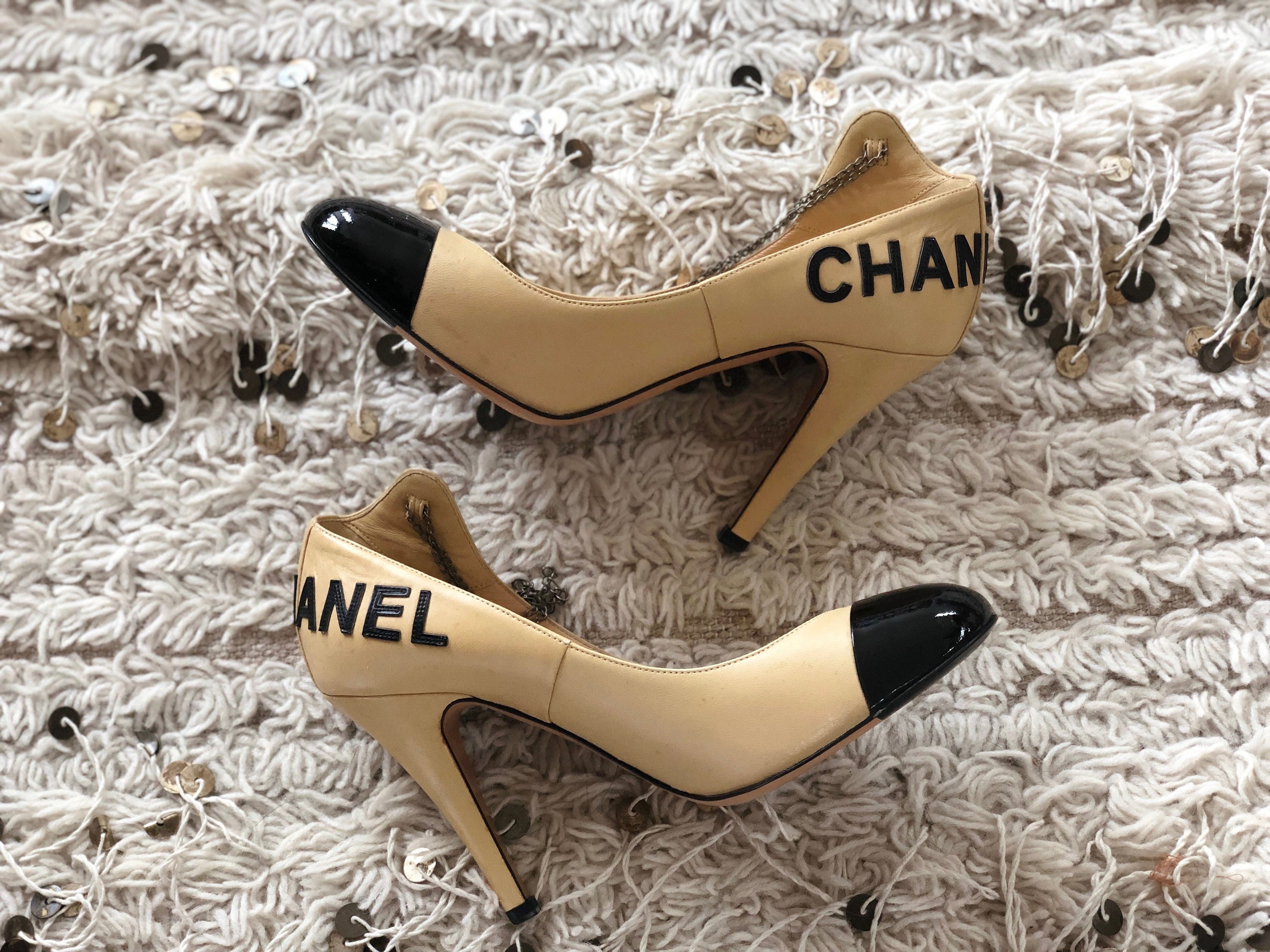 Vintage CHANEL Letters and CC Logo Beige Black Cap Toe Heels 