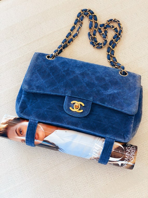 Vintage Chanel CC MAGAZINE Classic Flap Quilted Blue Velvet 