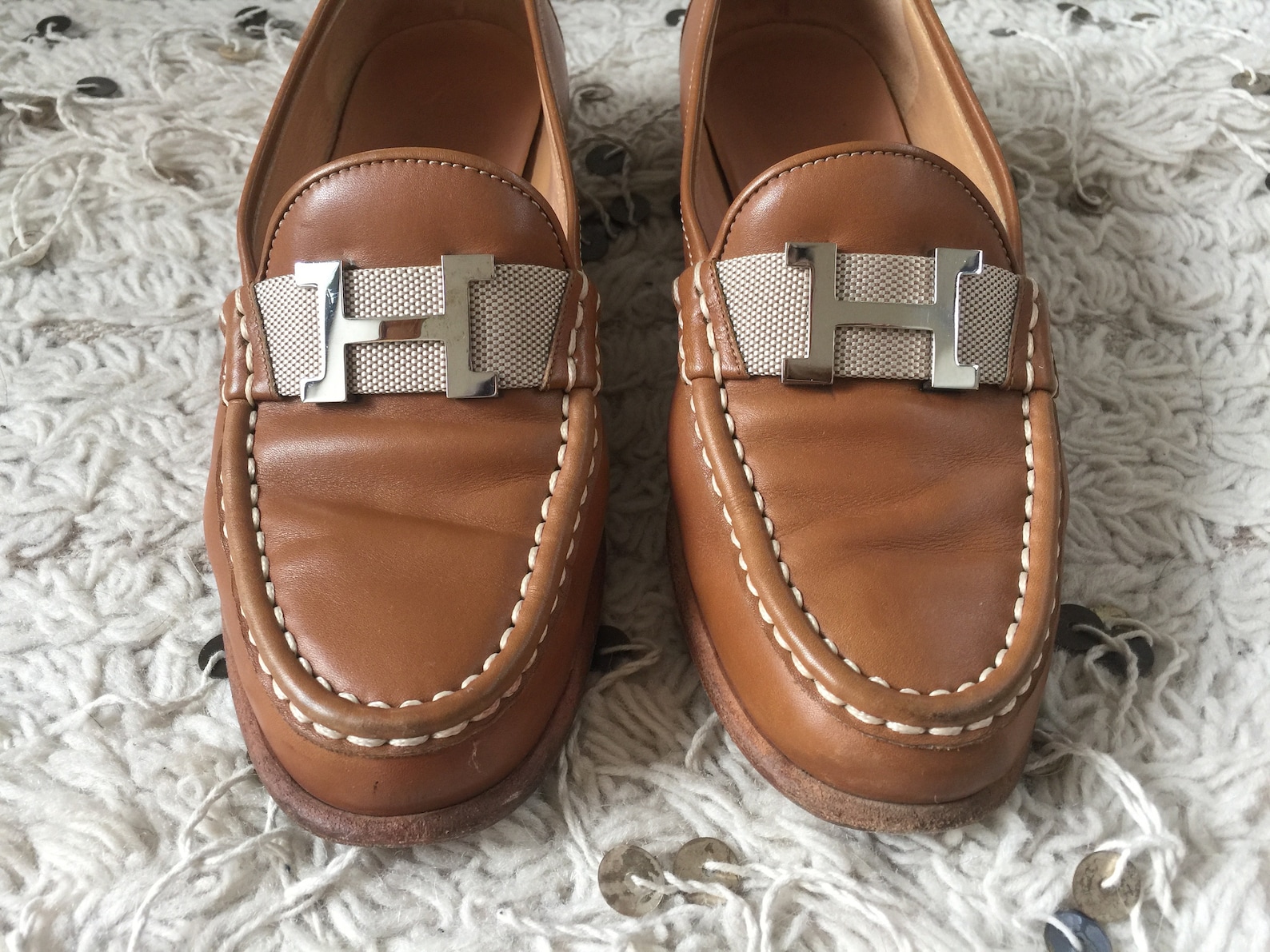 vintage hermes h logo brown leather webbing loafers flats driving shoes smoking slippers ballet flats eu 37 us 6.5 - 7